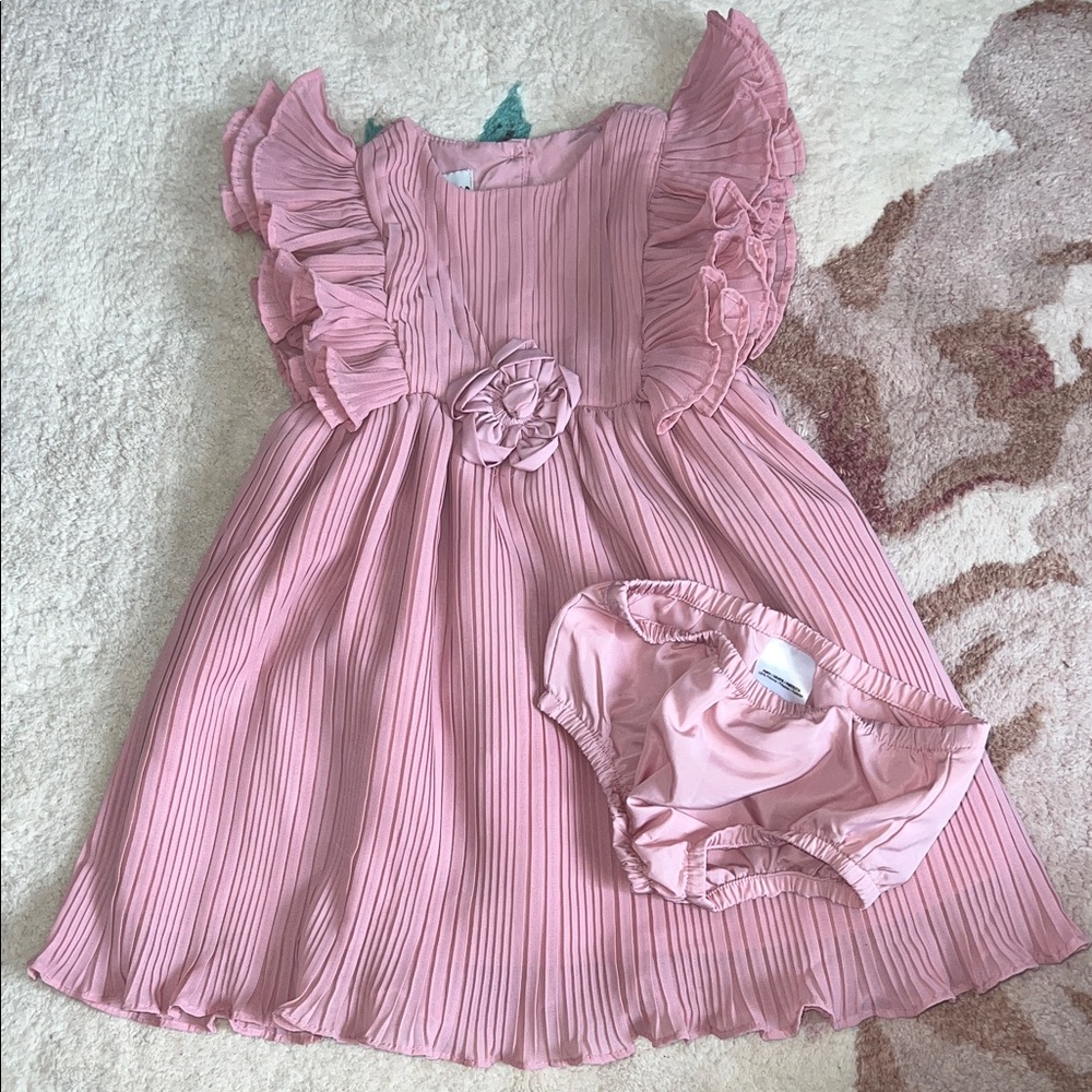 Pippa & Julie Pink Pleated Dress with Ruffles and Bloomers